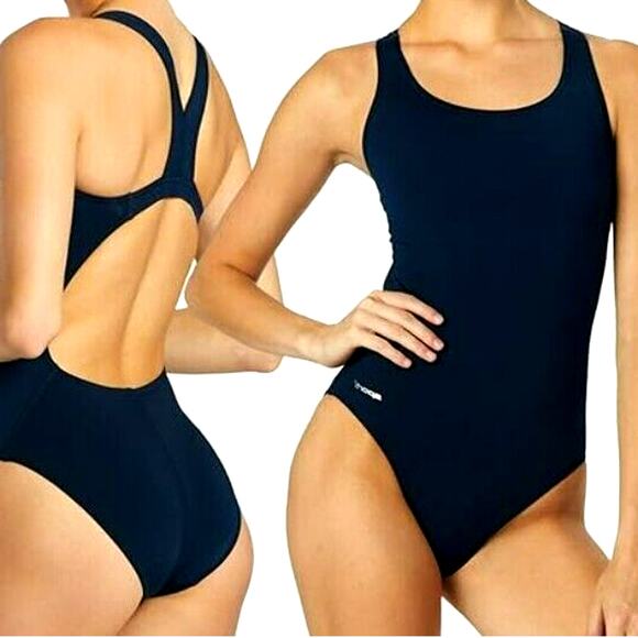 SPORTI‎ NWT Size 28 Navy Blue Solid Wide Strap One Piece Swimsuit Competitive - Picture 1 of 9